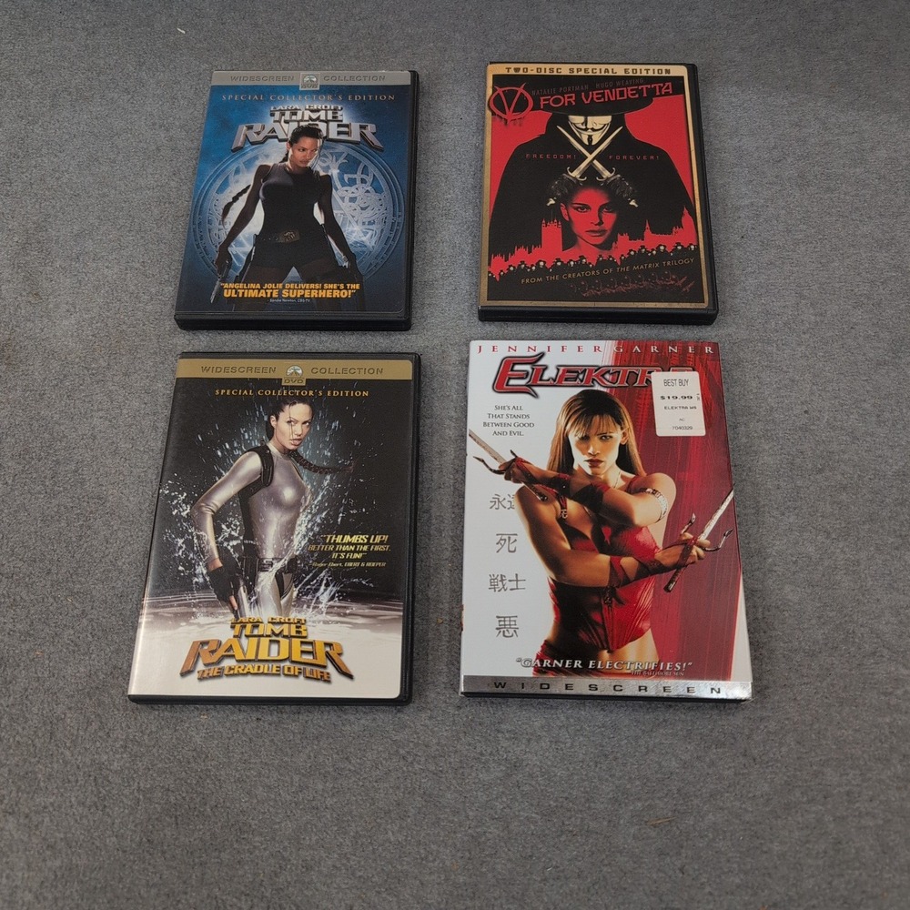 Female Action Hero 4 DVD Lot Tomb Raider Cradle of Life V for Vendetta Elektra - Picture 1 of 2